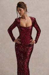 Port Sequin Square-Neck Long-Sleeve Maxi Dress